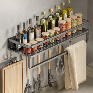 Multi-Functional Kitchen Storage Rack, Spice Organizer Shelf, Wall-Mounted Utensil Hooks, Towel Rod, Ideal for Kitchen and Bathroom Organization, Wall Hook Hanger