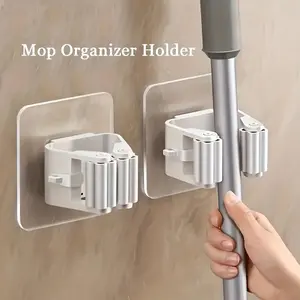 4pcs No-Drill Mop and Broom Holder - Strong Adhesive Wall-Mounted Storage Hooks, Wall-Mounted Toilet Broom and Mop Holder, Space-Saving Bathroom Organizer, Wall-Mounted Bracket, Suitable for Mops, Brooms, Cleaning Tools - Easy Installation, No Tools