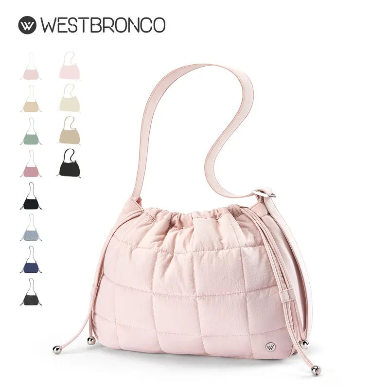 WESTBRONCO Women's Quilted Nylon Puffer Handbag Shoulder Bag - Rain-ready Shell, Waterproof, Lightweight, Adjustable Strap, Plain Drawstring Crossbody Bag for Women, Water-resist Daily Commuting, Back to School Gift
