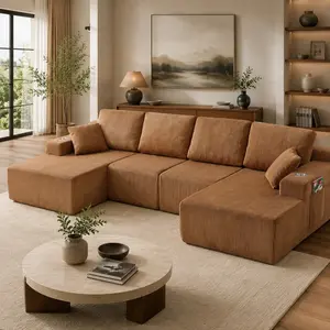 130" U-Shaped Modular Sectional Sofa with Chaise, Extra-Wide Wale Corduroy Fabric, 6-Seat L-Shaped Couch with Innerspring Cushions, Heavy-Duty 1800 lbs Capacity, Brown Living Room Furniture Set, Brown Color Options, Fabric Material