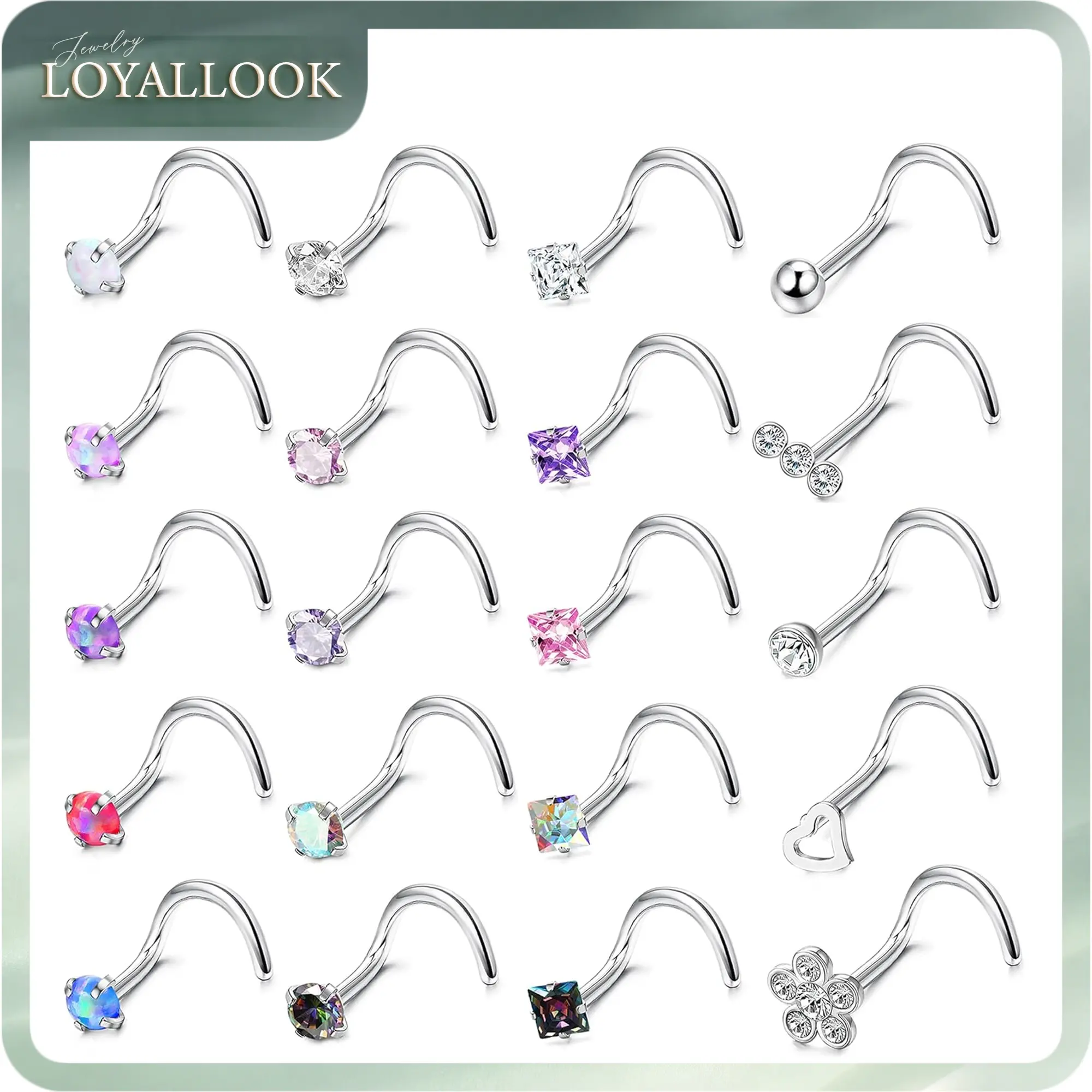 LOYALLOOK 20 Pcs Hypoallergenic 20G Nose Rings for Women Men Cubic Zirconia Stainless Steel Nose Studs Set Labret Lip Nostril Piercing Jewelry Multicolor 2mm L Shaped Straight Screw