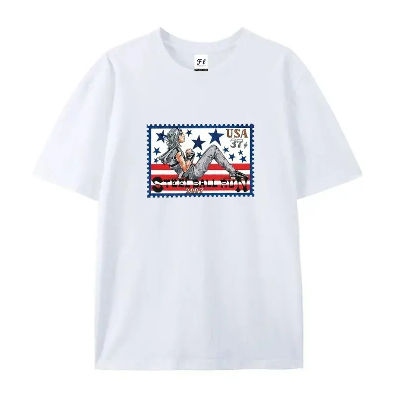 Menswear Johnny Joestar JJBA Steel Ball Run USA Stamp Round Neck T-Shirt, Distressed Vintage SBR Anime Graphic Tee, Breathable Retro JoJo's Bizarre Adventure Cotton Shirt, Unisex Casual Western Streetwear Top, Manga Fan Gift, Horse, Fabrics