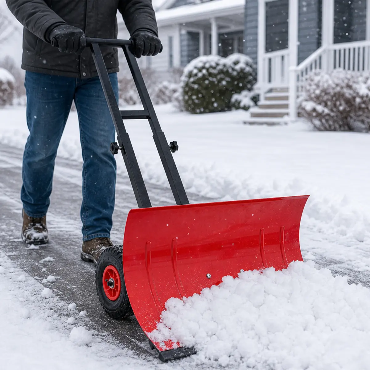 29" Heavy Duty Dual Bar Wheeled Snow Shovel Pusher, Adjustable Length & Angle Ergonomic Handle Labor-Saving Snow Removal Tool with 10" Wheels, Efficient for Driveway Walkway Patio Sidewalk Deck Winter Snow Clearing