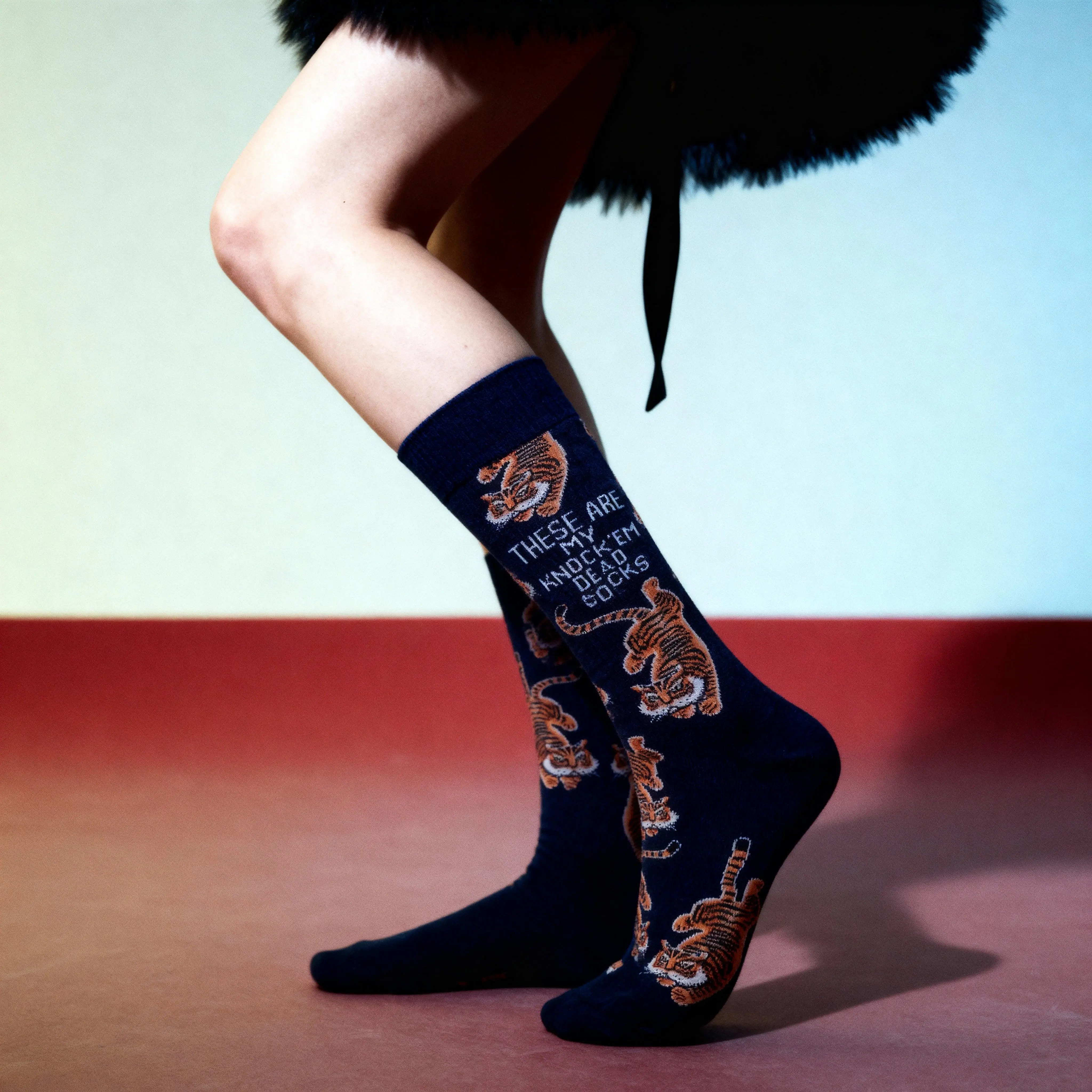 Women's Vintage Tiger Motif Mid-Calf Crew Socks, Spandex-Blend, Stretchy, Comfortable Fit for Everyday Wear