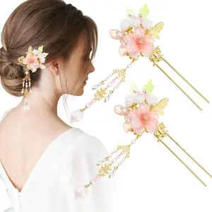 Chinese Dangling Hair Sticks, Pink Flower Chinese Hair Sticks with Tassel for Long Hair Buns for Women