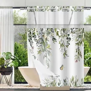 No Hook Shower Curtain with Snap in Liner Set, Sage Green Eucalyptus Leaf Butterfly Bath Curtain with Botanical Plant for Bathroom