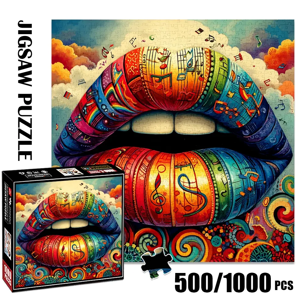 1pc 1000 piece adult puzzle 58x58cm Colorful Musical Lips with Notes and Patterns 500 pieces paper jigsaw puzzle Art Puzzles suitable for DIY creative games for adults and families, birthday and holiday stress, Crafts Puzzle Art Gift