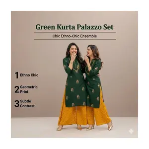Elegant Green Kurta with Mustard Palazzo Set | Festive & Office Wear | 2-Piece Ethnic Outfit #RNG-303
