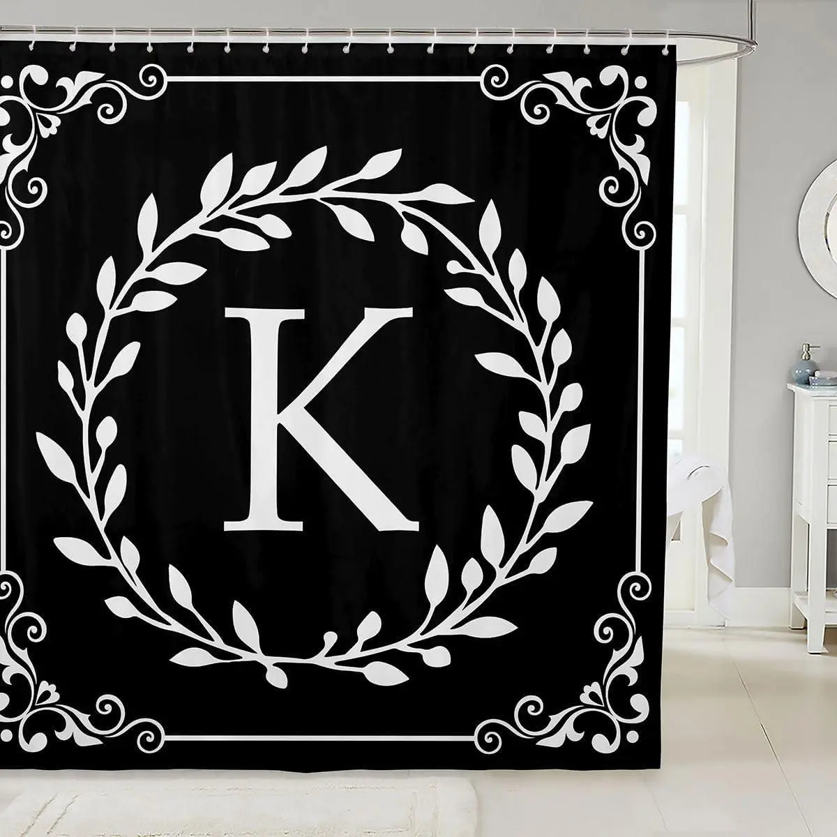Feelyou Monogram Letter K Waterproof Washable Bathroom Shower Curtain - Black White, Personalized Boho Damask Floral Vintage Rustic Bathroom Curtain Set
