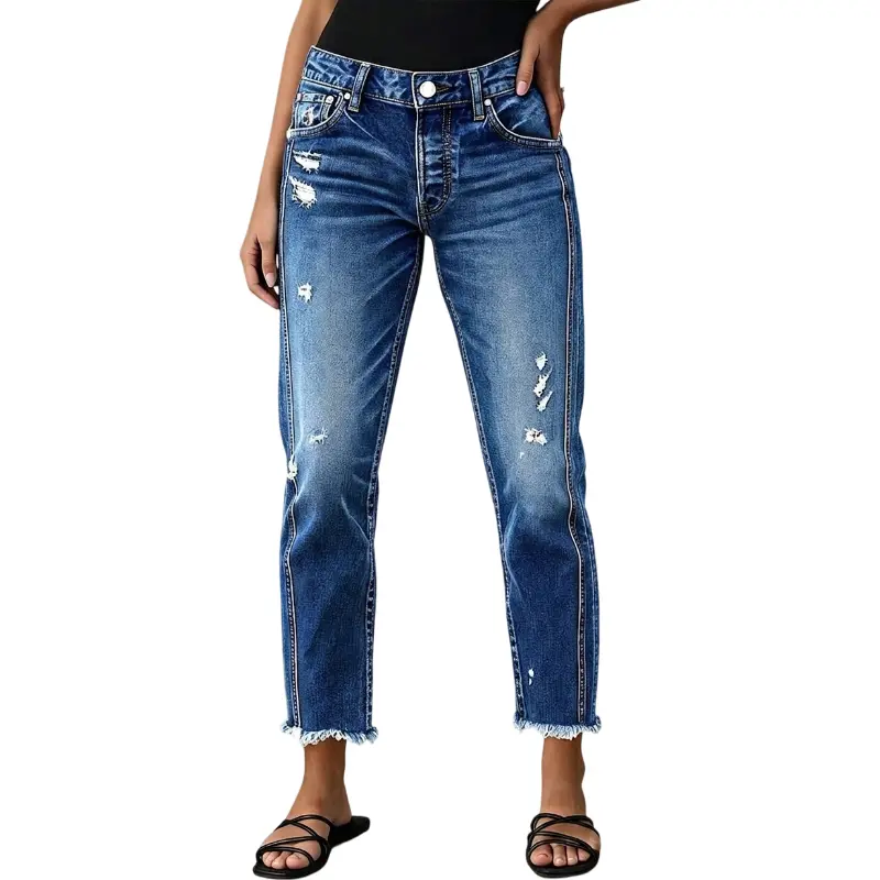 Flamingals Raw Hem Ripped Mid Waist Straight Leg Crop Jeans Womenswear Stretchy 24.2" Inseam