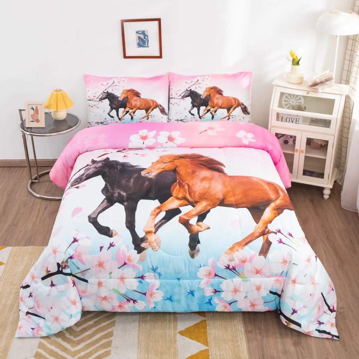 Feelyou Galloping Horses Quilt Bedspread Set - Breathable 3D Printed Bedding Set with Floral Cherry Blossom Animal Design, Available in Twin/Full/Queen Sizes, Bedding Sets