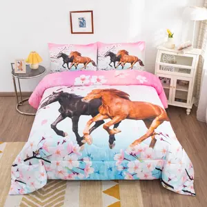 Feelyou Galloping Horses Bedding Set - Twin/Full/Queen Size Floral Print Quilt, Cherry Blossom Animal Print Comforter Duvet Set