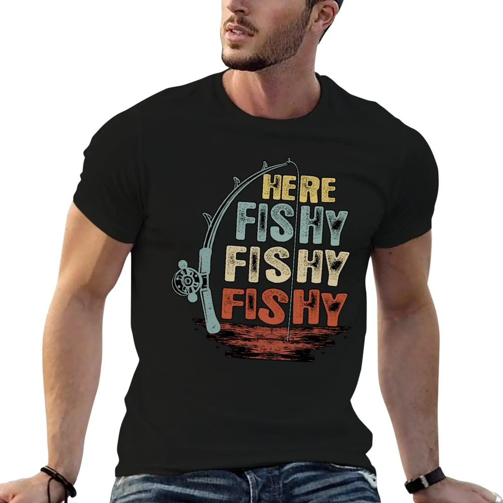 Here Fishy Fishy Fishy Retro Fishing T-Shirt Fitted Short Sleeve Crew Neck Casual Summer Tee for Outdoor Enthusiasts