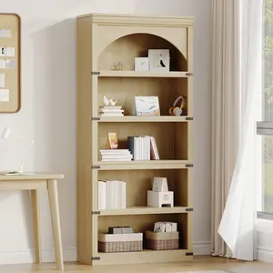 Farmhouse Arched Bookshelf 69" Tall 5-Tier Rustic Vintage Bookcase with Wooden Base & MDF Construction for Living Room Storage