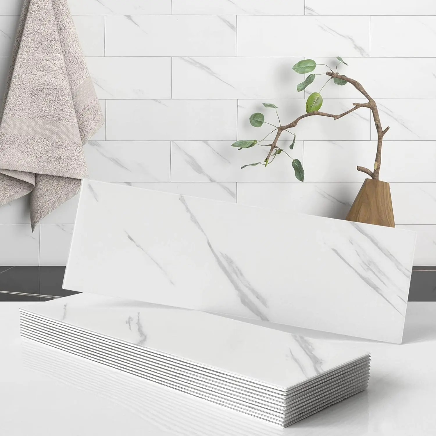 Peel and Stick Backsplash Kitchen Tiles,Bathroom Wall Stickers Marble Tile Backsplash Individual Subway Tiles 3.9"x11.8"-16Tiles White