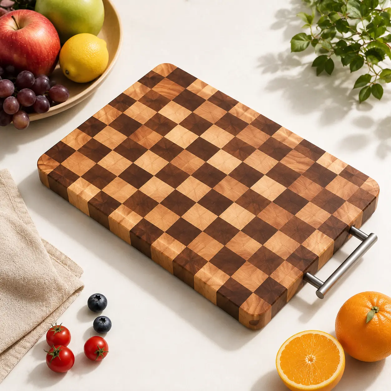Acacia Wood Cutting Board with Handle, Antibacterial Butcher BlockCheckerboard