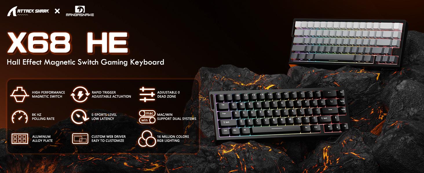 ATTACK SHARK X68 HE Rapid Trigger Mechanical Gaming Keyboard 60% Wired TKL with Adjustable Actuation,Hall Effect Magnetic Switch,8KHz Polling Rate,RGB Backlit,Top Mount for  PC Mac Esport Gamer pc accessories