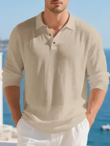 Men's Linen Long Sleeve Polo Shirt, Beach Vacation Style, Skin-Friendly Breathable Loose Fit, Casual Spring & Fall Wear