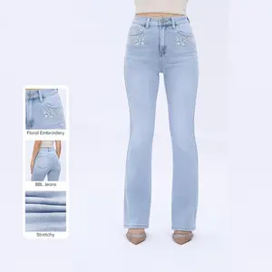 Viola BlueMoment Vintage Bootcut Jeans Floral Embroidery Pockets Stretchy Denim High Waist Distressing