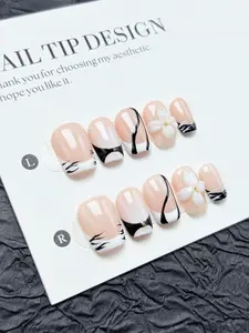 Glarein Nails ｜Ink & White Blossom Black & White Floral French Press-On Nails with 3D Resin Flowers & High-Gloss Top Coat for Cool Elegance