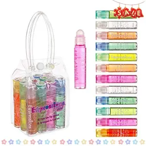 Expressions girl 12pc Roll On Lip Gloss Set with Carrying Case, Glossy Lip Make-up for Kids and Teens - Fruity Flavors, Non Toxic, Kid Friendly, Party Gift, Best Friends