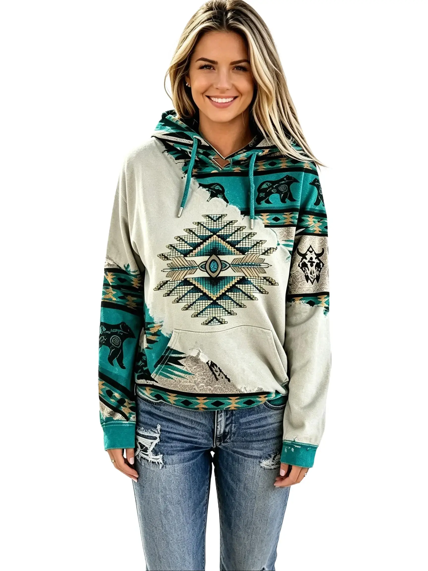 Hoodies for Women Casual Long Sleeve Hooded Sweatshirt with Ethnic Aztec Geometric Print Patchwork Design, Drawstring Hood, Kangaroo Pocket, Soft Fleece Lined Pullover Fall Tops