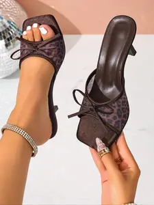 Women's Summer Fashion Fish Mouth Open Toe Thin Heel Sandals, Butterfly Knot Leopard Print Slippers, Casual Outdoor Wear