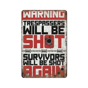 Warning Trespassers Will Be Shot Sign - Vintage Rustic Metal Tin Plaque with Bullet Holes, Funny No Trespassing Private Property Security Sign
