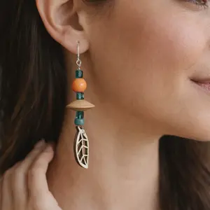 Earr - Handcrafted Wooden Leaf & Beaded Earrings for Women, Boho Style, Lightweight & Comfortable