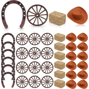 36 count Western Party Decorations Mini Horseshoe Brown Cowboy Hat Wheel Hay Bales Suitable for Crafts Birthday Weddings and Cowboy Party Favors
