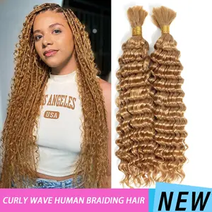 Blonde Braiding Hair 2 Bundle 100g Curly Wave Bulk Human Hair for Braiding Brazilian Virgin Hair for Boho Braids Wet and Wavy Color 27 Honey Blonde Human Braiding Hair