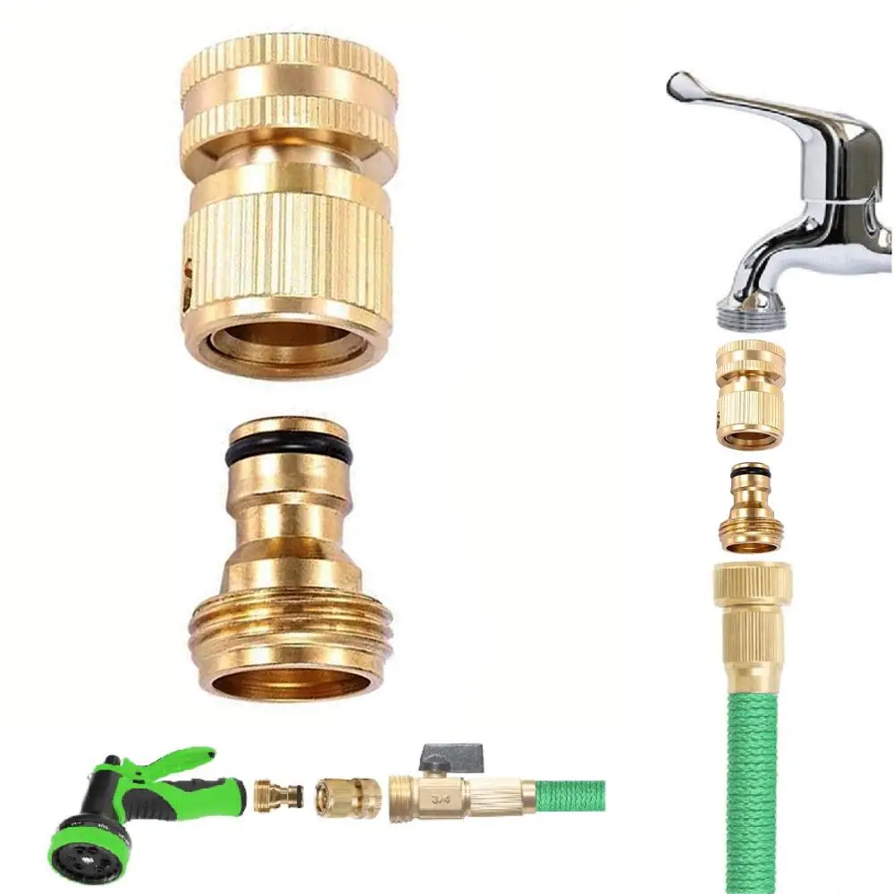 Garden Hose Quick Connectors Kit, 1 Set Solid Brass 3/4 Inch GHT Thread Easy Connect Fittings, No-leak Water Hose Male Female Connector Set