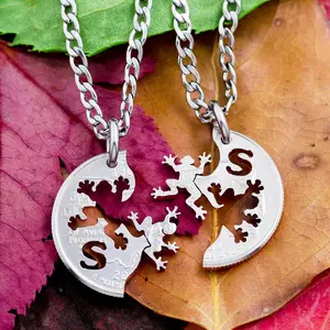 Frog Necklaces with Custom Cut Initials, Cut on State Side Quarter, Best Friends Gifts, Interlocking Animal Lovers, Hand Cut Coin