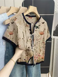 Women's khaki bohemian vacation short-sleeve knit top. Loose round neck, contrast grass print, front tie and contrast piping. Casual Boho Breathable Comfortable for spring & summer casual wear.