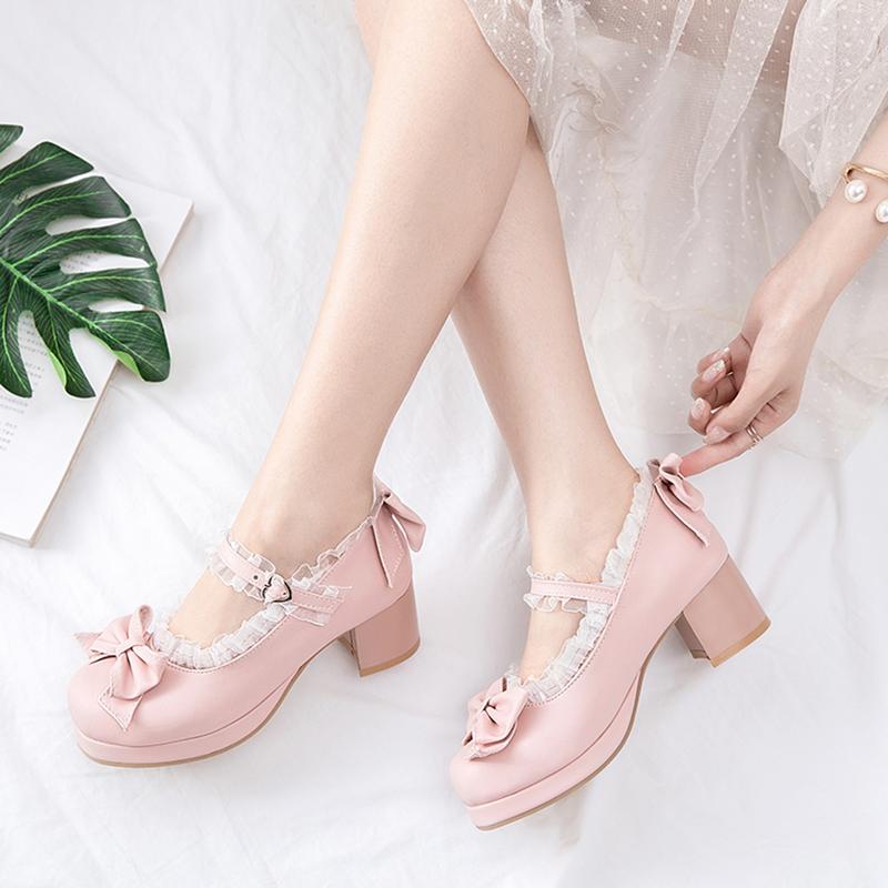 Women Kawaii Block Heel Mary Janes Pumps with Bow Platform Dress Pumps Chunky Heel Cute Lace Sweet Party Shoes for Girls Christmas gifts