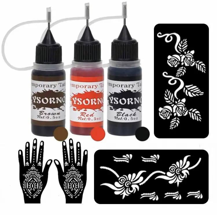 Temporary Tattoo Kit 3 Bottles ColorInks ,Stencils Kit for BodyPaint DlY Fake Tattoos for (black/red/ brown/)Makeup Cosmetic Storage