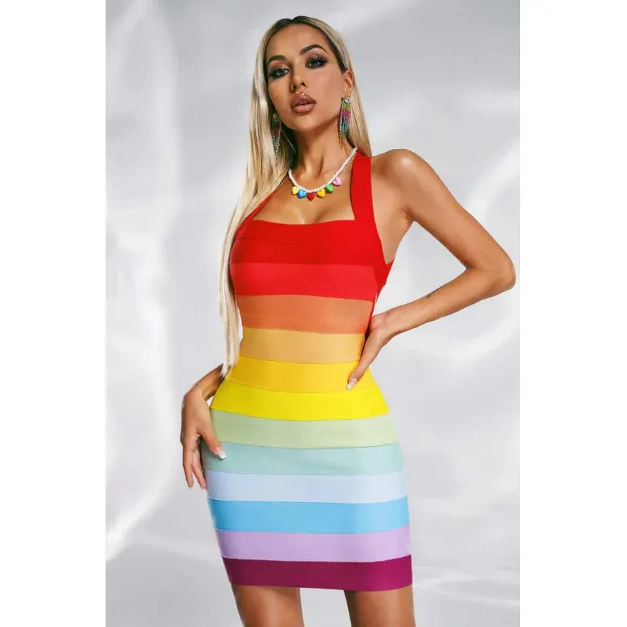Rainbow Bandage Party Dress for Women, Slim Fit Sleeveless Bodycon in High Stretch Fabric, Square Neck Formal Wear Statement Piece