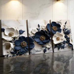 3 Counts Wooden Framed Canvas Painting, Elegant Blue And White Floral Art Images, Exquisite Poster, Perfect Gift, Decor For Living Room, Bedthroom, Modern Art, Fashion Family Poster, Wall Art Decoration