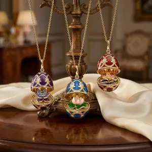 Openable Easter egg enamel lotus flower handmade oil-drip Russian egg pendant necklace