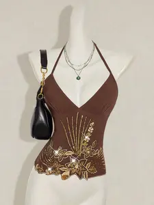 Women's Y2K Floral Beaded Embroidery Asymmetrical Hem Halter Backless Fitted Tank Top, & Sexy