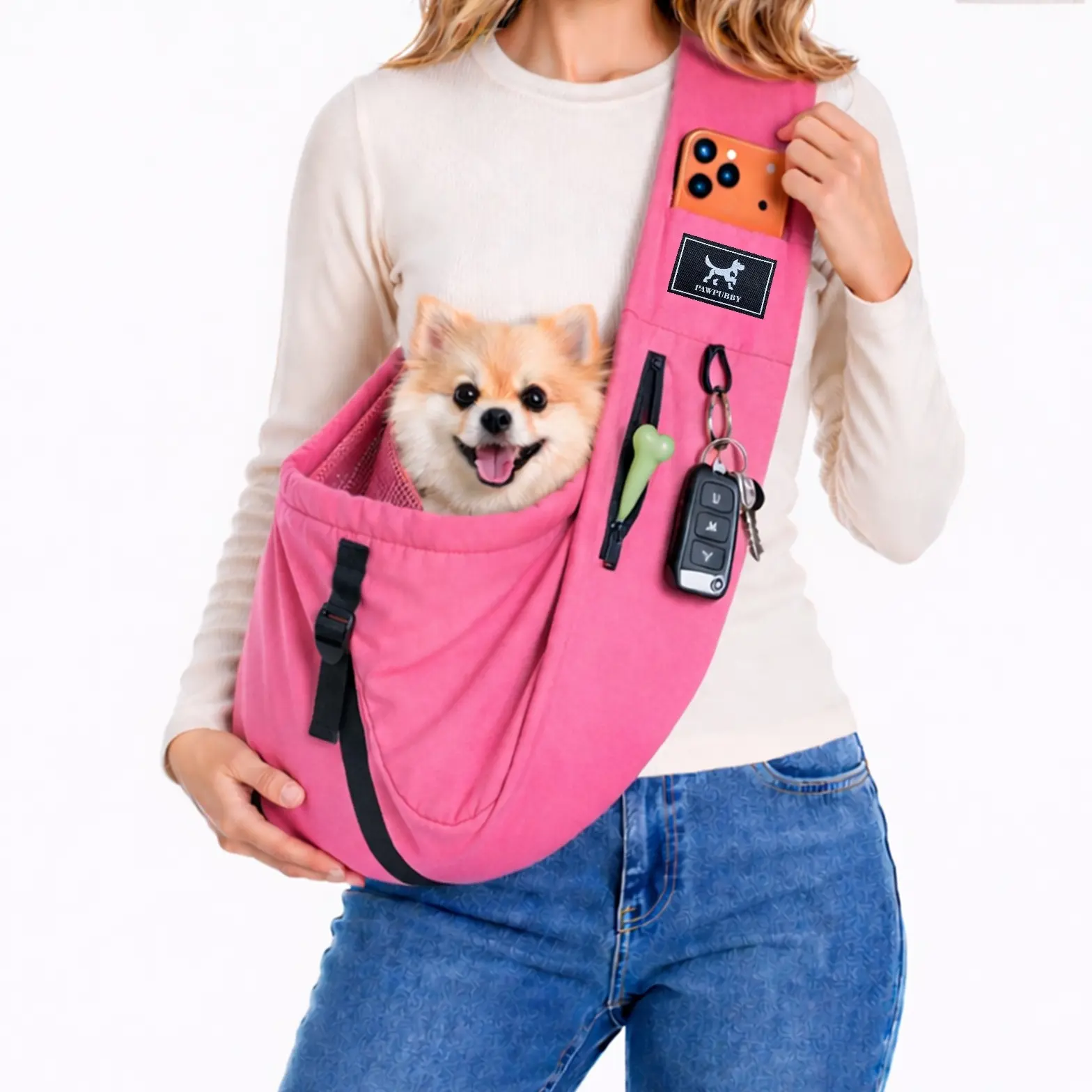 PAWPUBBY Tech-Fabric Pet Sling Carrier for 5-20lbs Small Dogs & Cats, Breathable Mesh, Adjustable Depth, Water/Stain/Scratch-Proof, Weightless Hands-Free Travel Shoulder Bag with Safety Leash, Zipper, Buckle & Hidden Storage, Water Resistant, Solid