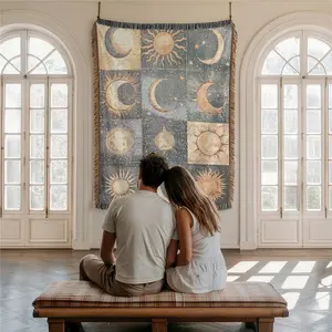 Sun And Moon Pattern Home Decor Yarn Woven Wall Art Tapestry for Bedroom Dorm Living Room- with Fringe Tassels Not Printed - Soft Boho Chair Couch Bed Cover Throw Towel Slipcover, Home Decor Supplies