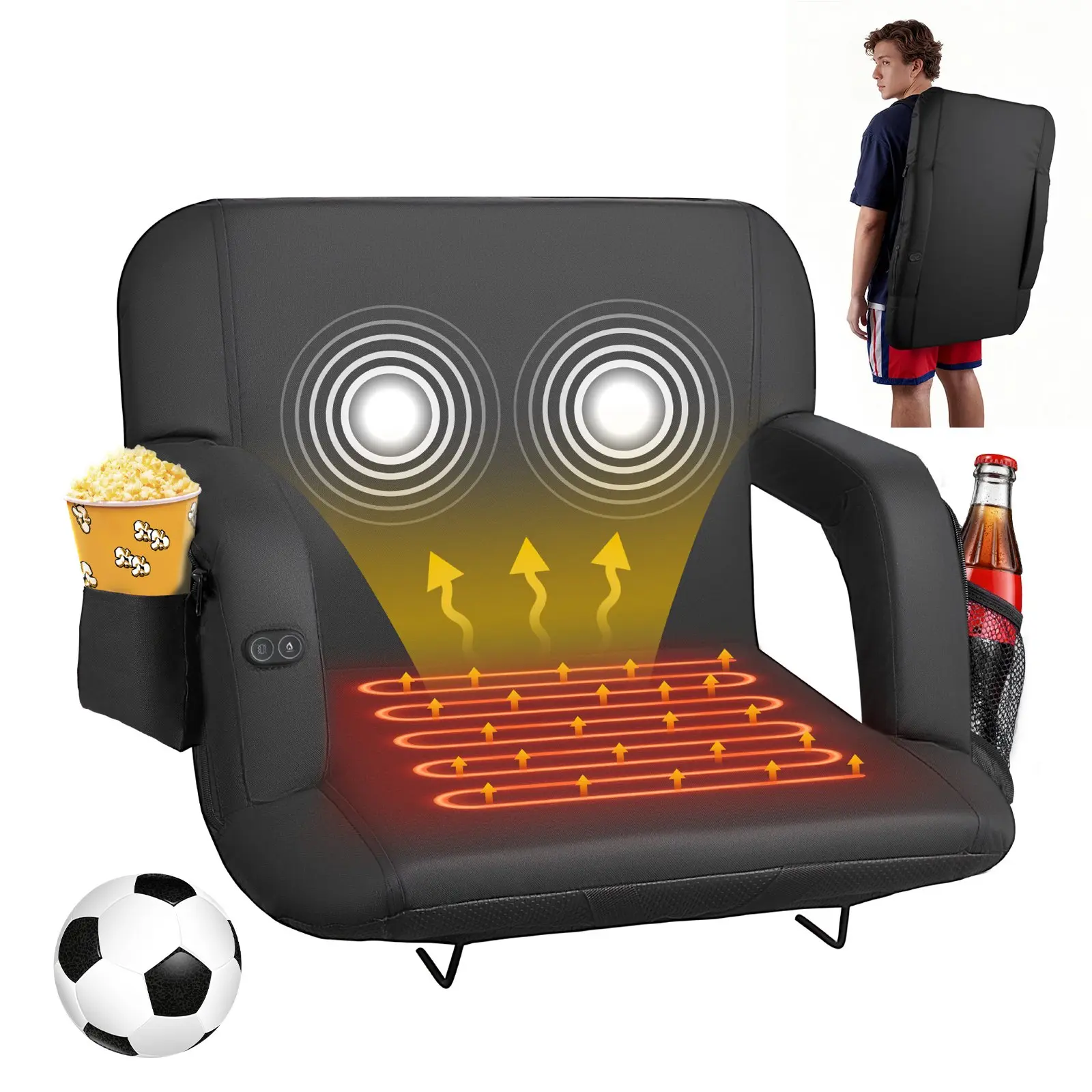 VEVOR Stadium Seat, 25 inch Heated Stadium Chair, Bleacher Seat Heated with 4 Pockets for Bleachers, 3 Level Heating 6 Modes Vibration Portable Heating Stadiums Chair for Camping, Sports Events