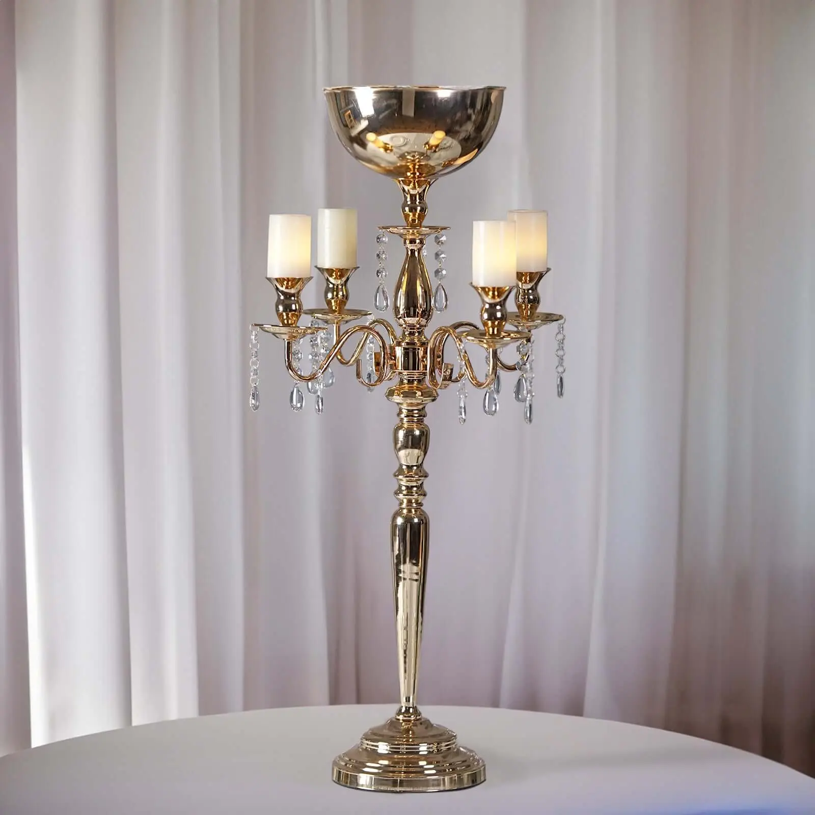 33-in Casting Metal Candelabra, 4-Arm Champagne Gold Luxury Decorative Candleholder with Flower Vase Bowl - Table Centerpiece, Table Decor for Weddings