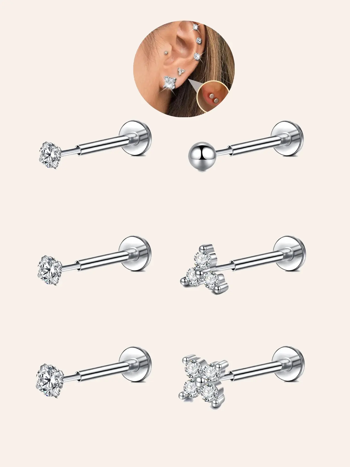 6-piece cubic Cz earring set, threadless flat-bottom earrings, stainless steel push-in nose studs, tragus cartilage earrings, pierced earrings, suitable for women and men, 6mm ear piercings, Body Piercings Set, Body Piercing Jewelry