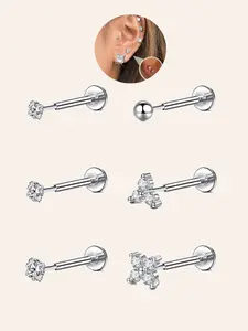 6-piece cubic Cz earring set, threadless flat-bottom earrings, stainless steel push-in nose studs, tragus cartilage earrings, pierced earrings, suitable for women and men, 6mm ear piercings, Body Piercings Set, Body Piercing Jewelry