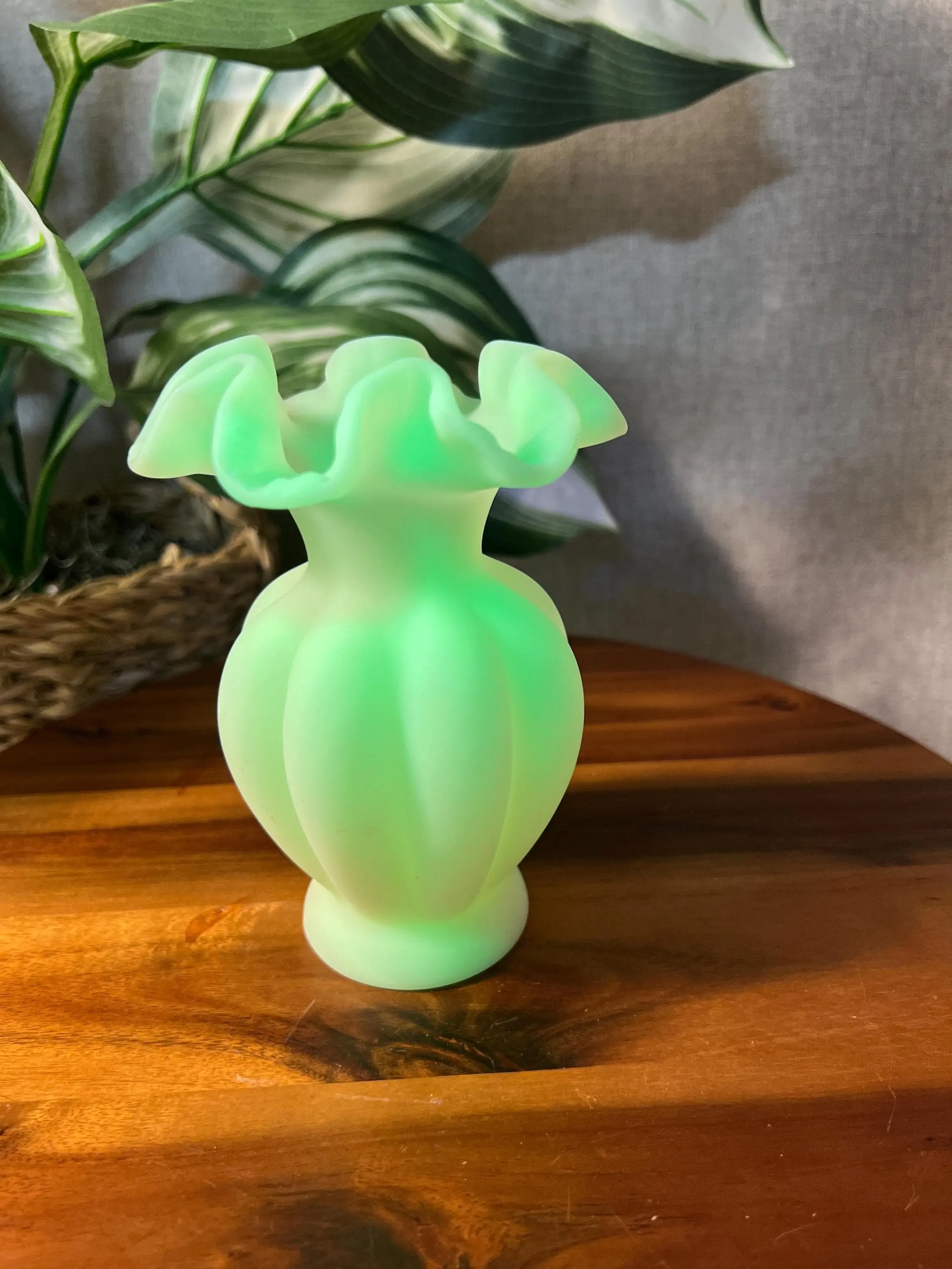 Fenton Custard Satin Finish Uranium Glass Vase, Melon Shape with Ruffled Edges, Home Decor for Room Decor