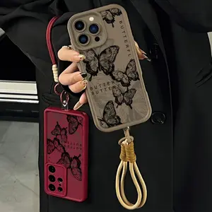 Portable hanging rope black butterfly TPU shock-absorbing phone case, lightweight and durable, with exquisite colors, compatible with iPhone 17 Pro Max 16 Pro Max 15 Pro 14 13 12 11 and Samsung Galaxy S25 S24 S23 series women's phone cases. A138