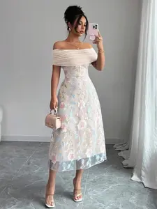 ✨ Women’s Mesh Patchwork Off Shoulder Dress – Embroidered Ruffle Sexy Summer Mini Dress, Minimalist Chic Party & Vacation Outfit 💖