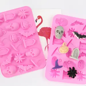 Halloween silicone mold chocolate mold 3D Halloween chocolate candy gummy mold skeleton pumpkin bat ghost witch hat spider tombstone shape mold Kids 1Pc Pink silicone molds